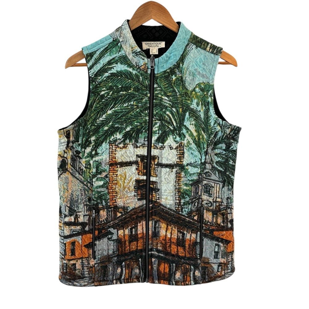 Orientique Quilted Zip Vest Womens Size S Tropical‎ Cityscape Palm Art Boho